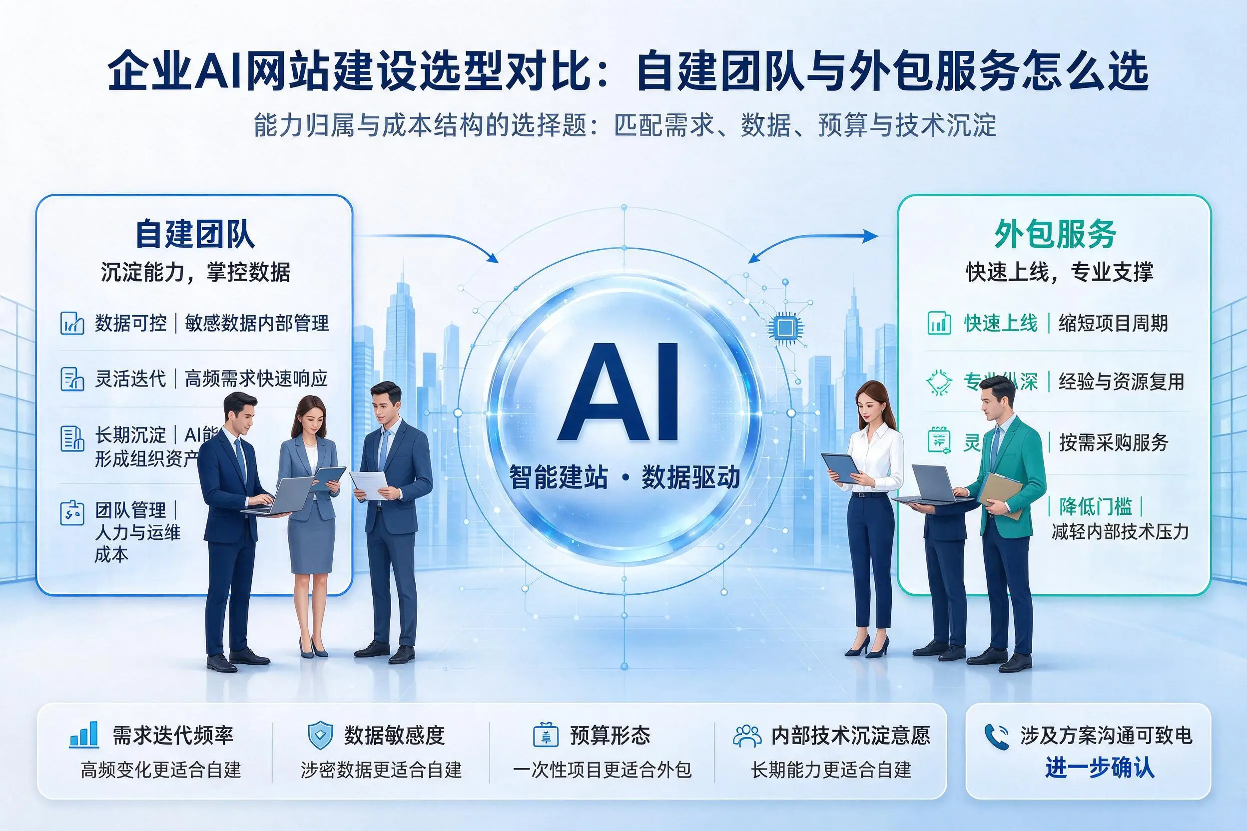 日喀则企业AI网站建设选型对比:自建团队与外包服务怎么选